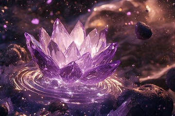 Poster - •  Floating violet crystal lotus blooming atop a rotating asteroid garden 