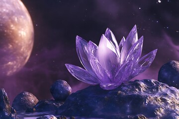 Poster - •  Floating violet crystal lotus blooming atop a rotating asteroid garden 