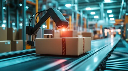 Poster - Robotic arm scans packages on a conveyor belt in a modern warehouse with bright, industrial lighting and organized storage shelves.