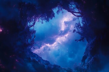 Poster - Fractal nebula structures bend across a glowing blue void 