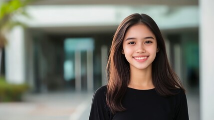 Poster - Portrait of a cheerful asian student smiling outside a school building, showing confidence and excitement for education, representing the joy of learning and academic achievement