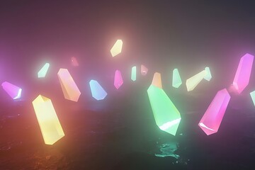 Poster - •  Fragmented neon shards floating in a glowing cosmic fog 