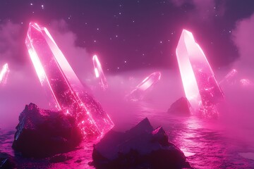 Poster - •  Fragmented neon shards floating in a glowing cosmic fog 