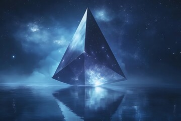 Poster - •  Geometric monument made of starlight spins in a calm sapphire cosmic sea 