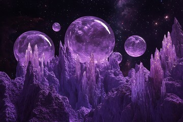 Poster - •  Giant translucent orbs float above a lavender rock forest in dark space 