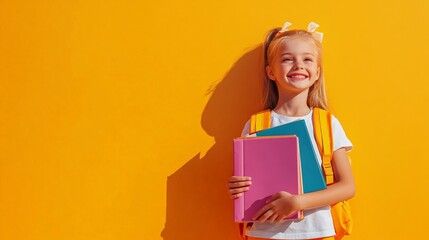 Aufkleber - Cheerful elementary school student with backpack is holding colorful textbooks and smiling while looking up on a vibrant orange background, ready for the new school year
