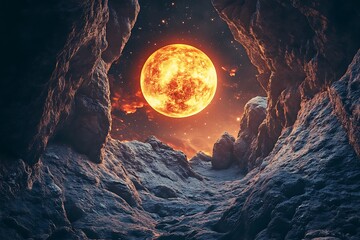 Poster - •  Glowing trench carved in rock with an amber planet rising in a cosmic sky 