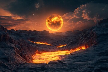 Poster - •  Glowing trench carved in rock with an amber planet rising in a cosmic sky 