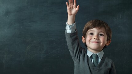 Aufkleber - Enthusiastic elementary school student raising hand to answer question, showing eagerness to participate and learn, against a backdrop of a blank chalkboard in a classroom setting