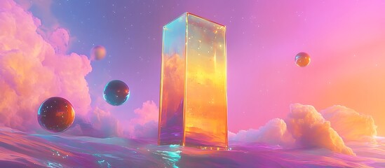Poster - •  Golden glass monolith floats in magenta-cyan space sea with orbiting orbs 