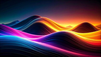 Poster - Abstract Neon Waves Colorful Digital Art of Glowing Mountains at Sunset.