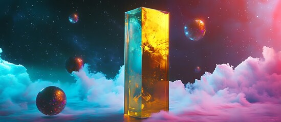 Poster - •  Golden glass monolith floats in magenta-cyan space sea with orbiting orbs 