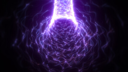Poster - Abstract purple tunnel composed of wavy digital light particles, creating a sense of flow, data transfer, or sci-fi movement