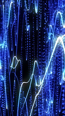 Poster - Dynamic abstract image of glowing blue particle waves and light trails over a dark background, evoking data streams and futuristic motion