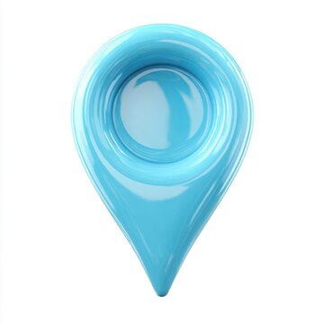 A vibrant light blue glossy rendering of a modern map location pin symbol on a clean white background.