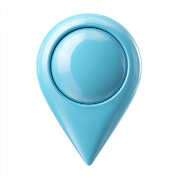 A vibrant rendering of a glossy light blue map pin, symbolizing precise location and navigation on a clean white background.