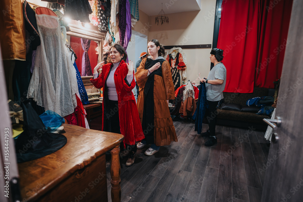 Actors are fitting their costumes backstage in preparation for a ...