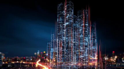 Poster - Digital Cityscape at Night Futuristic Skyscrapers and Data Streams