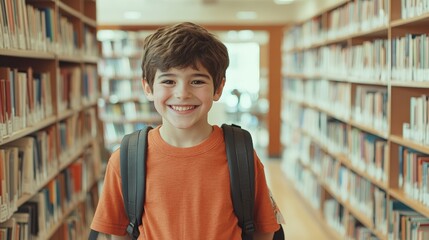 Aufkleber - Happy elementary school student smiling while wearing a backpack, enjoying the library corridor filled with bookshelves, embodying the joyful spirit of back to school excitement
