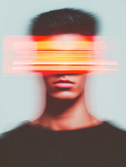 Poster - Portrait of a man with abstract light streaks across his eyes. Glitch art style and vibrant color effect for technology and modern design.