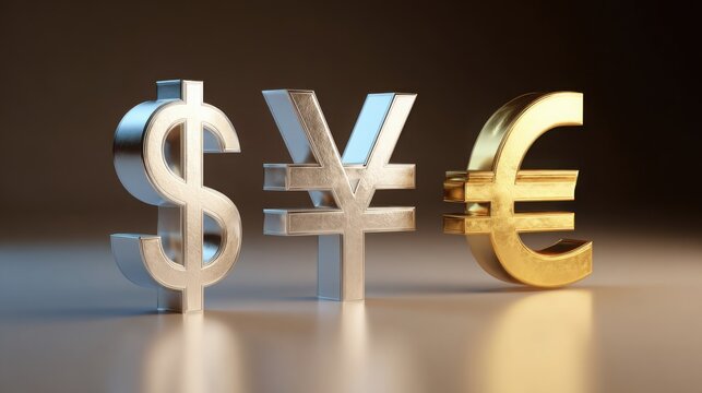 Elegant 3D rendered dollar, euro, and yen symbols with soft shadows and metallic finishes against gradient background for financial concepts
