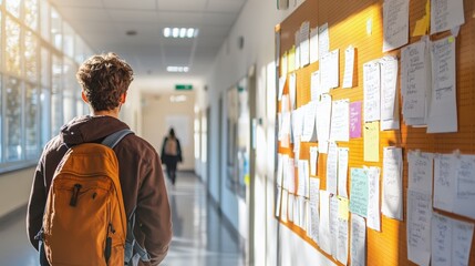 Poster - University student walking through a school hallway, carrying a backpack while reading messages and announcements displayed on the bulletin board, engaging with important information