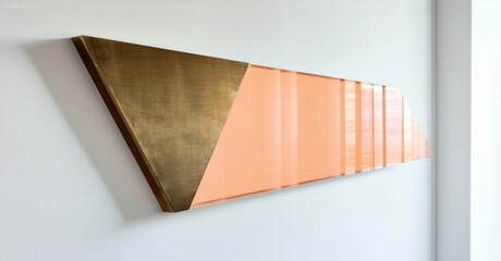 Poster - Geometric wall art. Triangular design features gold texture, orange panels. Modern aesthetic, minimalist style, clean lines, subtle shadows.