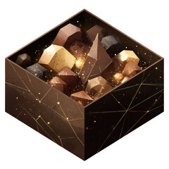 Poster - Abstract geometric composition of sparkling crystals and gems within a dark container, with cosmic elements and golden highlights