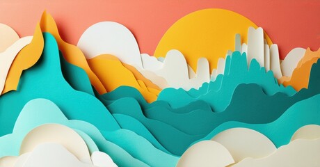 Fototapete - Papercraft landscape depicts mountains, clouds, sun. Warm colors dominate, creating serene, artistic scene. Layers suggest depth.