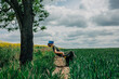 © VISTA by Westend61 - Woman sitting on a yellow folding chair under a tree in a field, reading a book with a cloudy sky above