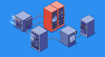 Poster - Isometric data center network vector illustration for technology design