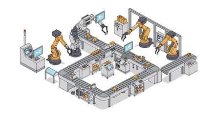 Poster - Automated factory process vector illustration: isometric industrial robot design for technology themed content
