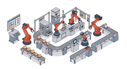 Poster - Isometric factory automation vector illustration: robotics in modern manufacturing for technology design