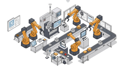 Poster - Automated robotics in advanced manufacturing facility: isometric vector illustration for technology magazine