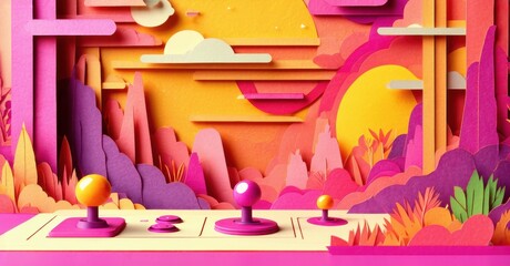Fototapete - Papercraft landscape. Vibrant colors, stylized mountains, suns, game pieces create whimsical scene. Pink, orange dominate composition.