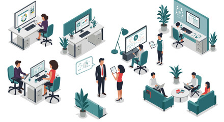 Poster - Modern office workspace vector illustration: collaborative design for posters and presentations in isometric flat style