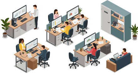 Poster - Isometric office workspace vector illustration design for business environments and infographics