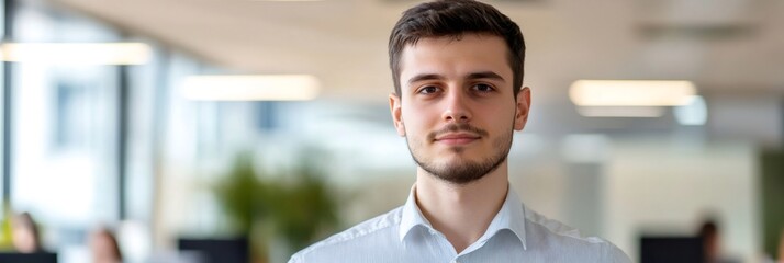 Aufkleber - Confident young professional standing in a modern office setting, embodying themes of stress relief, time management, and therapy. Bright workspace suggests a focus on productivity and calm