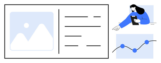 Poster - Image placeholder, list layout, professional presenting woman with clipboard, and growth trend graph. Ideal for website design, data visualization, user interface, project management, content