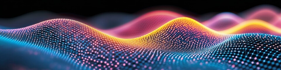 Poster - Geometric Abstract with Digital Maze Texture and Vibrant Neon Color Spectrum in Soft Radiant Light