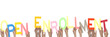 © hadjanebia - Colorful Open Enrollment Sign Held by Multiple Hands on a White Background