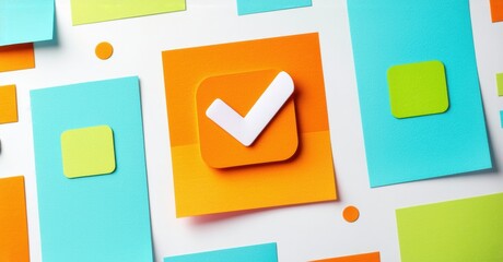 Poster - Colorful paper layers create abstract composition. Orange square features white checkmark symbol, suggesting completion or approval. Bright, modern design.