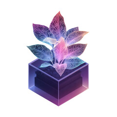 Poster - Vibrant Neon Plant in Transparent Container with Textured Leaves and Ethereal Glow for Modern Decor and Artistic Display