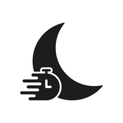 Poster - Moon With Stopwatch Solid Icon. Nighttime Efficiency, Sleep Tracking, And Time Management Silhouette Symbol. Productivity And Rest Optimization. Isolated Vector Illustration