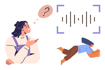 Poster - Woman gesturing with question bubble, sound waves, and person floating toward recording device. Ideal for communication, curiosity, sound, creativity, recording questions dialogue. Modern flat