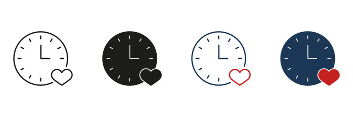 Poster - Clock With Heart Line And Solid Icon Set. Time Management And Emotional Connection Symbol Collection. Love And Scheduling Concept. Isolated Vector Illustration