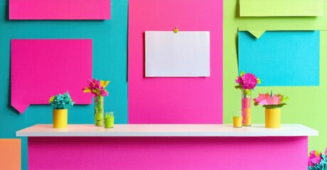Poster - Bright colorful wall display. Shelf holds vibrant flower arrangements, notes, blank paper. Modern design, playful aesthetic.