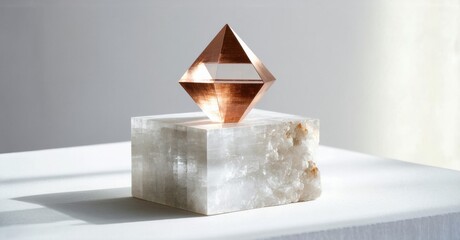 Poster - Copper pyramid rests atop translucent calcite block. Minimalist composition, soft lighting creates subtle shadows, clean aesthetic.