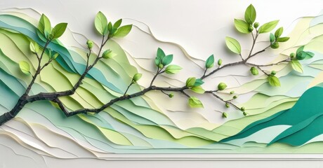 Poster - Layered papercraft depicts branch, leaves, hills. Soft colors create serene landscape, gentle curves suggest tranquility. Minimalist style.