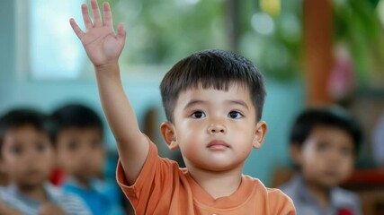Aufkleber - Smart asian pupil raising hand eagerly, participating in class discussion while answering teacher's question. Capturing the essence of curiosity and active learning in an educational environment